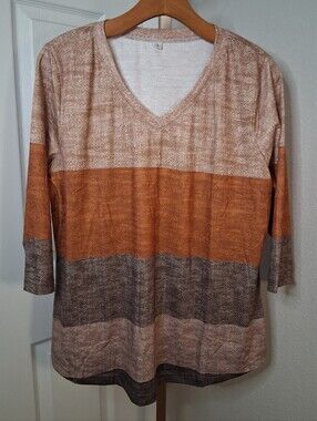 Large Striped 3/4 Sleeve Top Rust And Brown